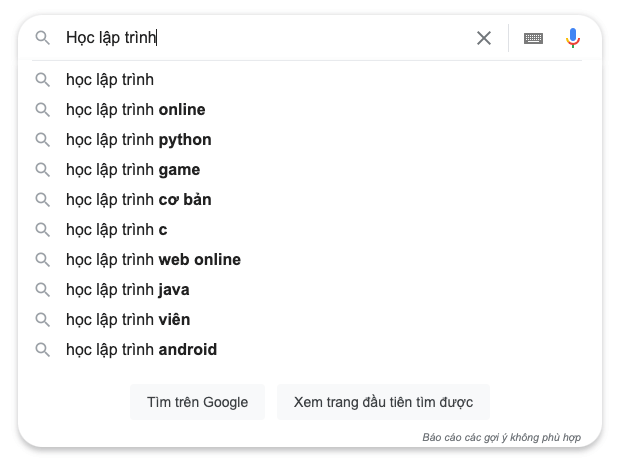 Gợi ý kết quả tương ứng khi dùng google search