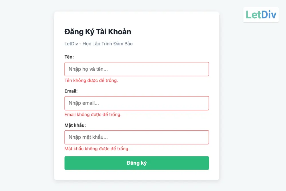 Form đăng ký hiển thị lỗi